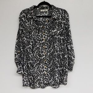 Cato Gray Leopard Sheer Long Sleeve Button Down